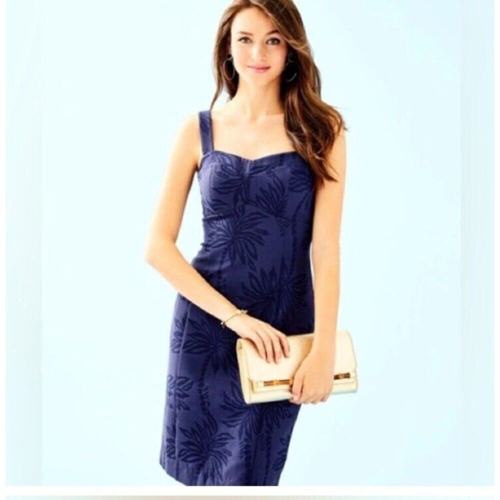 Lilly Pulitzer Annalee Navy Blue Stretch Dress Palm Paradise Jacquard Size 2